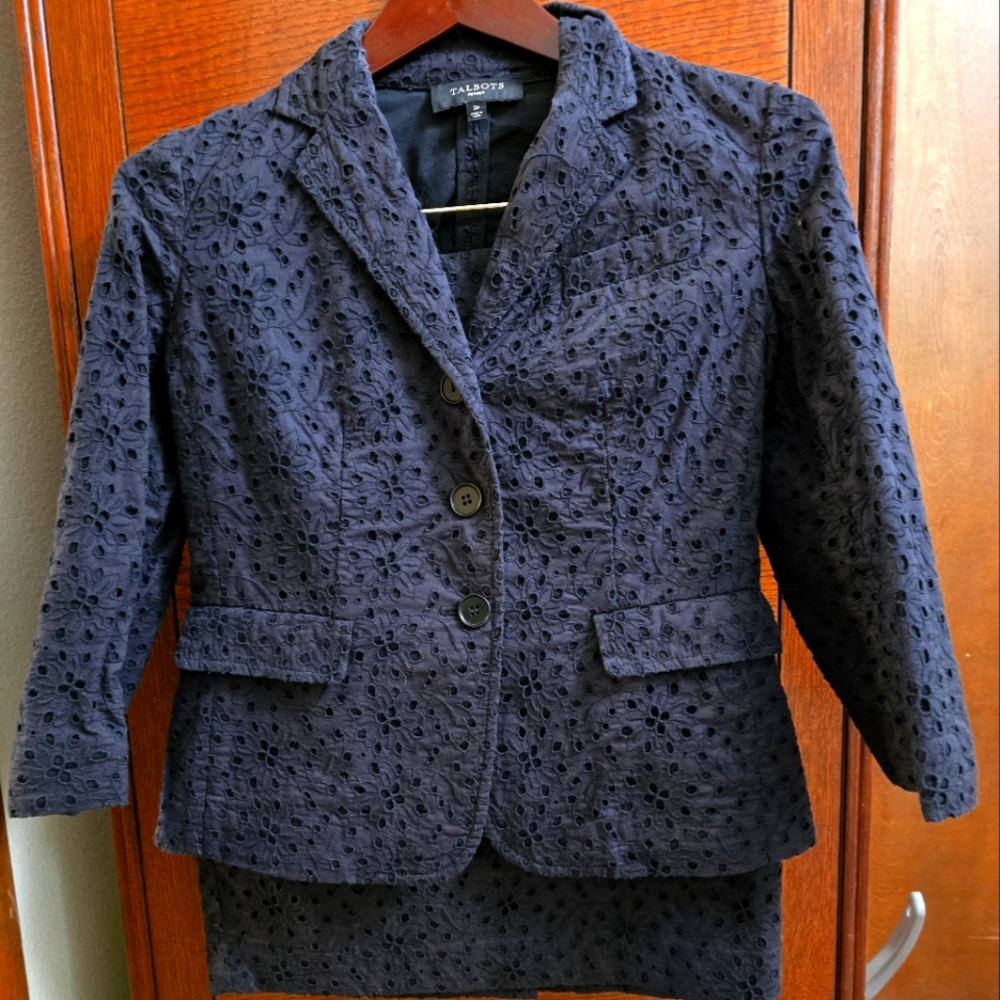 Talbots petite black eyelet 2 piece suit. Like new.